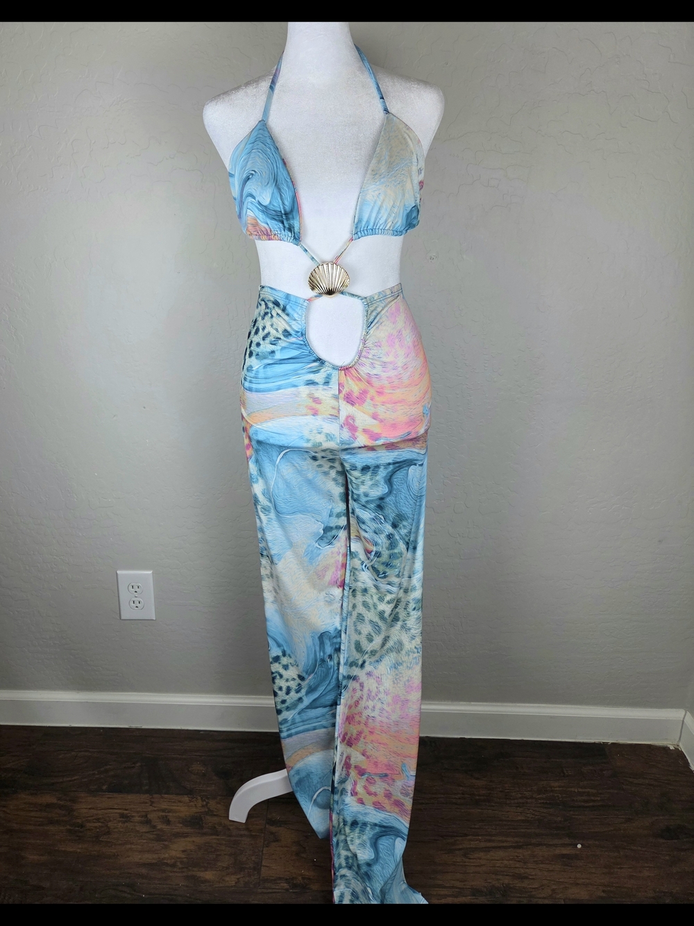 Blue Multi Print Cutout Halter Jumpsuit